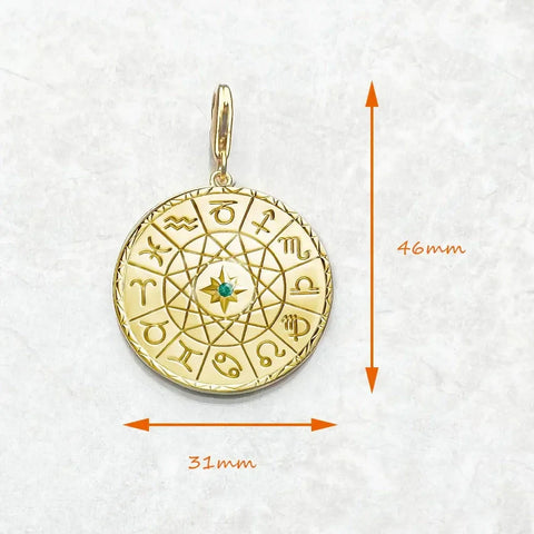 Gold zodiac pendant with dimensions.