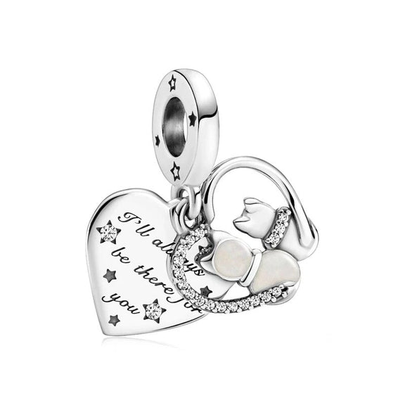 Sterling Silver Cat & Heart Charm with Engraved Message - A Symbol of Love - Sterling silver charm featuband a cat with cubic zirconia, an opal-like bow,.