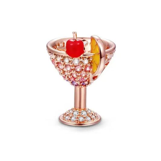 Cocktail Glass Charm - Rose Gold Drink with CZ Crystals Bead