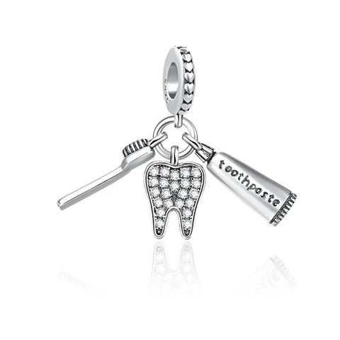 Dental Care Charm - Toothpaste, Brush, and CZ Tooth Bead
