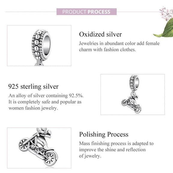 Exquisite Sterling Silver Harley-Davidson Motorcycle Charm for Enthusiasts - Sterling silver Harley-Davidson motorcycle charm with detailed information about the product's oxidized silver, 925 sterling silver, and polishing process.