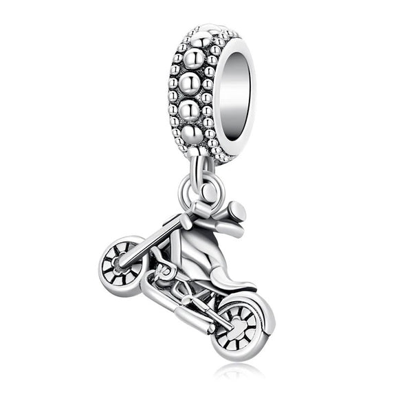 Exquisite Sterling Silver Harley-Davidson Motorcycle Charm for Enthusiasts - Harley-Davidson motorcycle charm with rider, adding adventure to Pandora charm bracelets.