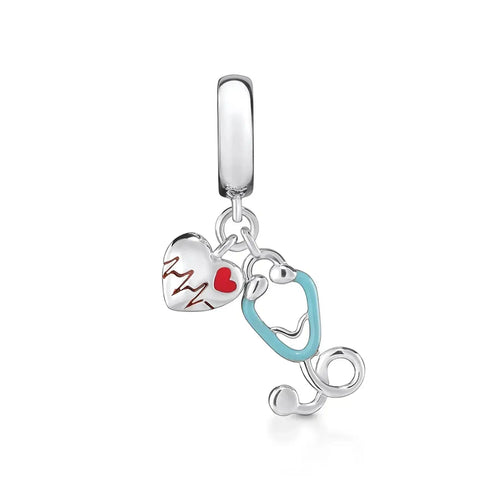 Life Rhythm Heart Charm - Heartbeat Stethoscope Charm - Medical Love Symbol Dangle Bead