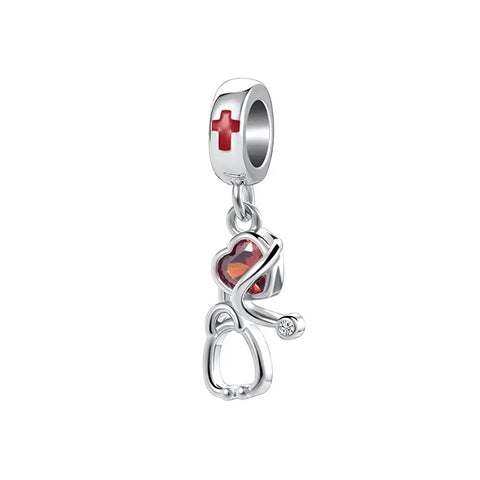 Medical Stethoscope Charm - Red Heart with Nurse Cross Dangle Bead