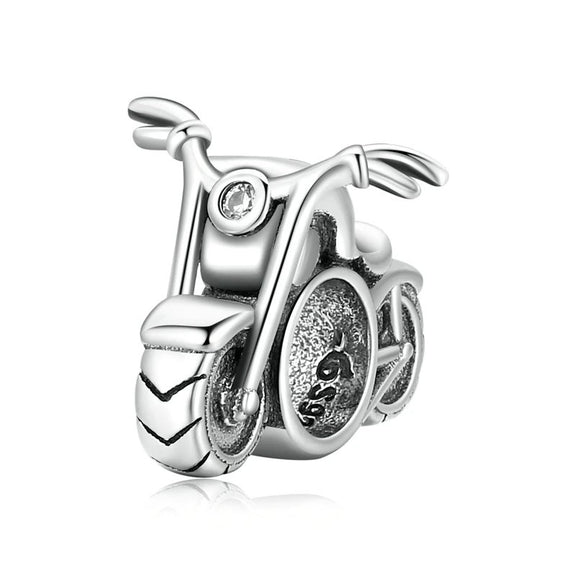 Sterling Silver Motorcycle Charm with Intricate Detailing and Crystal Accent - Silver motorcycle charm with crystal and intricate details, ideal for Pandora bracelet charms.