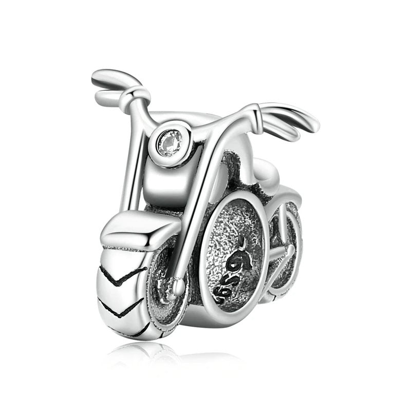 Silver motorcycle charm with crystal and intricate details, ideal for Pandora bracelet charms.