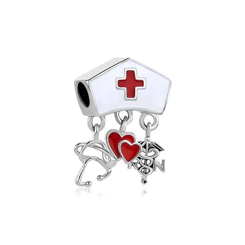 Nurse Hat Dangle Charm - Medical RN Heart and Stethoscope Bead