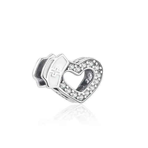 Nurse Hat Heart Charm - CZ Crystal Beaded Medical Love Symbol