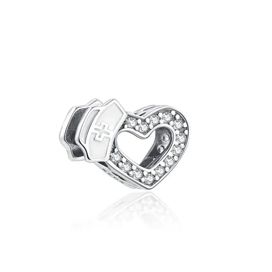 Nurse Hat Heart Charm - CZ Crystal Beaded Medical Love Symbol