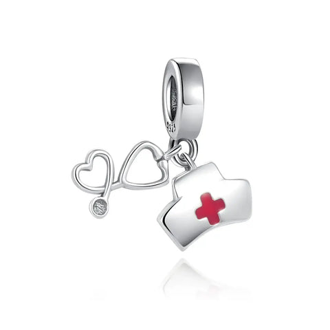 Healing Tools Duo Charm - Nurse Hat & Stethoscope Charm - Red Cross Medical Dangle Bead