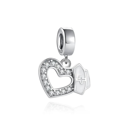 Nurse Heart Charm - Medical Symbol Dangle Bead with CZ Crystals