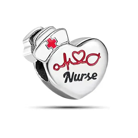 Nurse Love Heart Charm - Nurse Love Heart Charm - Red Heartbeat and Hat Engraved Bead