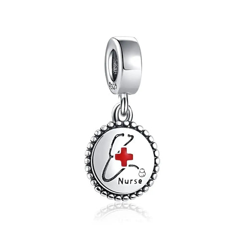 Nursing Symbol Tribute Charm - Nurse Symbol Charm - Engraved Red Cross with Stethoscope Bead