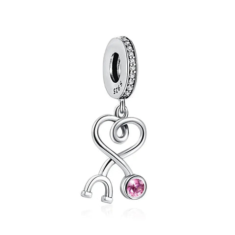 Pink Stethoscope Charm - CZ Crystal Medical Symbol Dangle Bead