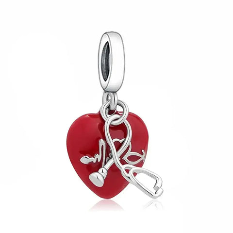 Red Heart Care Charm - Red Heart Stethoscope Charm - Medical Love Symbol Bead