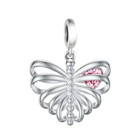 Ribcage Charm - Ribcage Charm - Silver Bone Structure Bead with Pink Heart