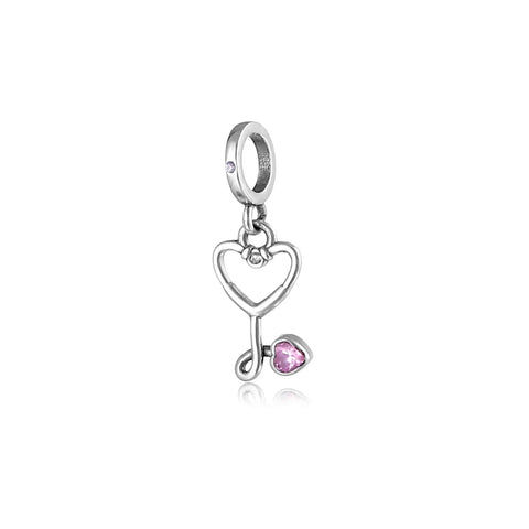 Small Pink Stethoscope Charm - Mini Heart Medical Bead
