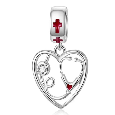 Heart Line Symbol Charm - Stethoscope Heart Charm - CZ Crystal Open Heart Medical Symbol