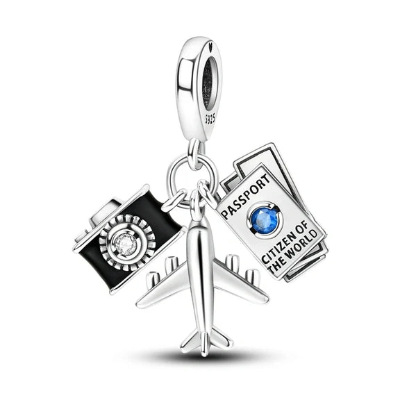 Sterling Silver Travel Charm with Airplane, Passport, and Camera - Sterling silver charm with airplane, passport, and camera, perfect for travelers and explorers, featuring intricate details and sparkling accents.