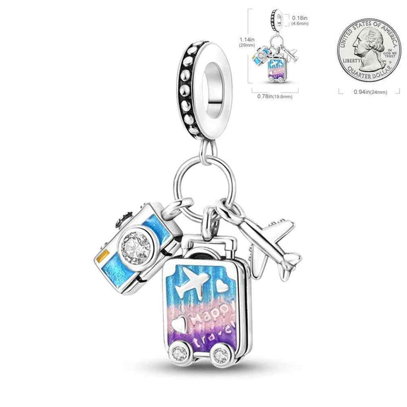 Sterling Silver Travel Charm with Camera, Luggage, and Airplane - Sterling silver travel charm with suitcase, airplane, and camera details for explorers.