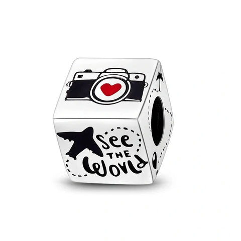 Sterling Silver Cube Charm Travel Icons and See the World Design