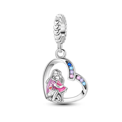 Sterling Silver Mother-Daughter Heart Charm with Stones - A sterling silver heart charm featuring mother and daughter embracing, with pink and blue zirconia stones.