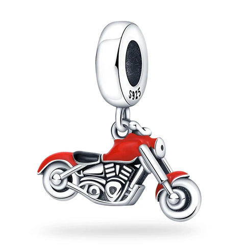 Sterling Silver Motorcycle Charm with Red Enamel Accents - Sterling silver motorcycle charm with red enamel accents, perfect for motorbike enthusiasts and adventure lovers.