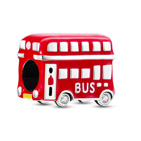 Sterling Silver Red Double-Decker Bus Charm - Sterling silver charm in the shape of a red double-decker bus, perfect for lovers of London and UK travel enthusiasts.