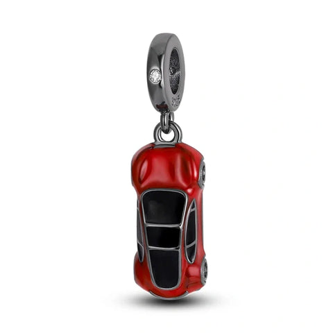 Sterling Silver Red Sports Car Charm with Black Accents - Sterling silver sports car charm with vibrant red enamel and black accents, ideal for car enthusiasts and drivers.