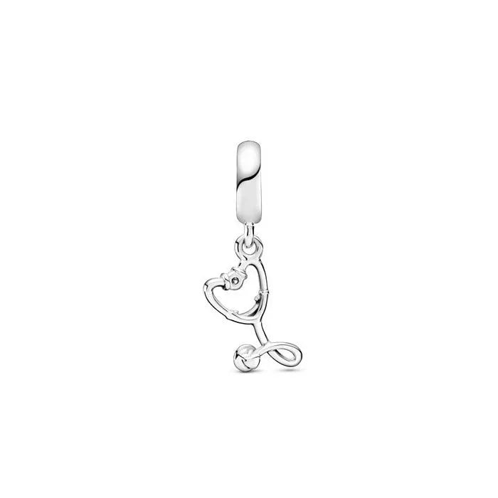 Stethoscope Heart Dangle Charm - Unique charm featuring a stethoscope and heart, celebrating the dedication of healthcare heroes.