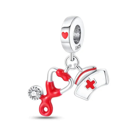 Healthcare Tools Charm - Stethoscope & Nurse Hat Dangle Pendant Charm