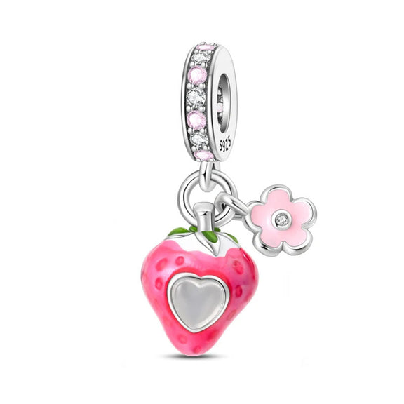 Sterling Silver Strawberry and Flower Charm - Sterling silver charm featuring a pink enamel strawberry and flower, perfect for adding a sweet and nature-inspired touch to jewelry.