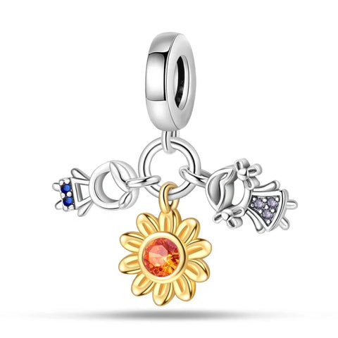 Sunflower and Charm Trio Pendant in Sterling Silver - Sterling silver charm featuring a sunflower with orange crystal accents and two additional playful charms.