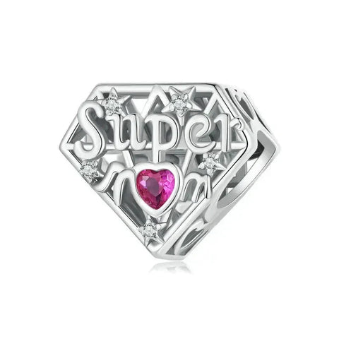 Silver 'Super Mom' charm with pink heart.