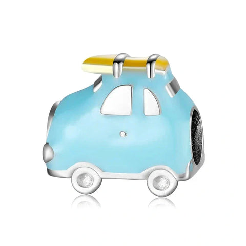 Blue car charm with yellow surfboard.