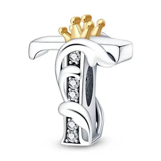 T Silver charm letter with gold Crown for pandora bracelets