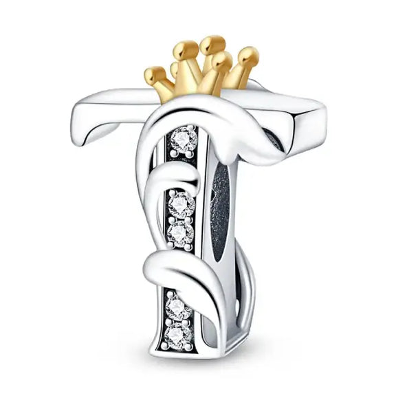 T Letter Gold Crown charm letter - T Silver charm letter with gold Crown for pandora bracelets