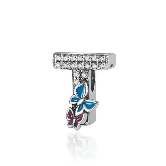 butterfly silver letter T charm - butterfly with Letter T Charm