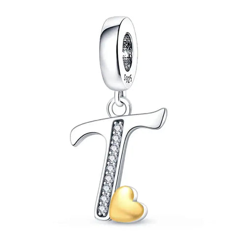 Silver letter T charm Gold heart - Silver letter T charm Gold heart