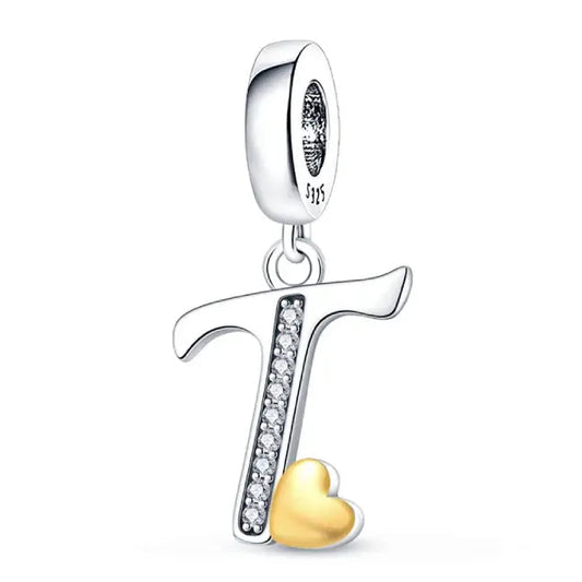 Silver letter T charm Gold heart