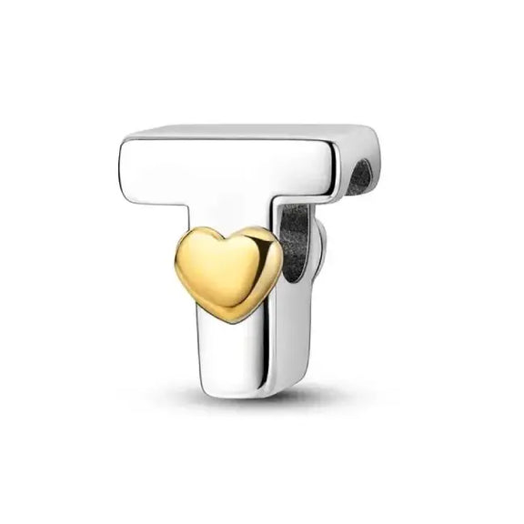 T Letter Gold Heart charm letter - T Silver charm letter with gold heart for pandora bracelets