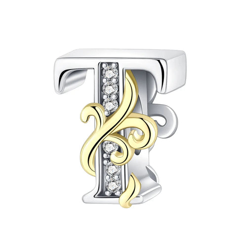 Dual-Tone Gold and Silver T Letter Charm with Crystal Accents