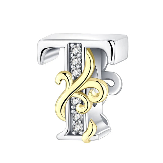 Dual-Tone Gold and Silver T Letter Charm with Crystal Accents