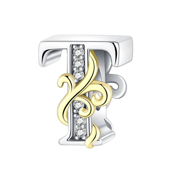 Dual-Tone Gold and Silver T Letter Charm with Crystal Accents - Gold and silver T Letter Charm for pandora bracelet