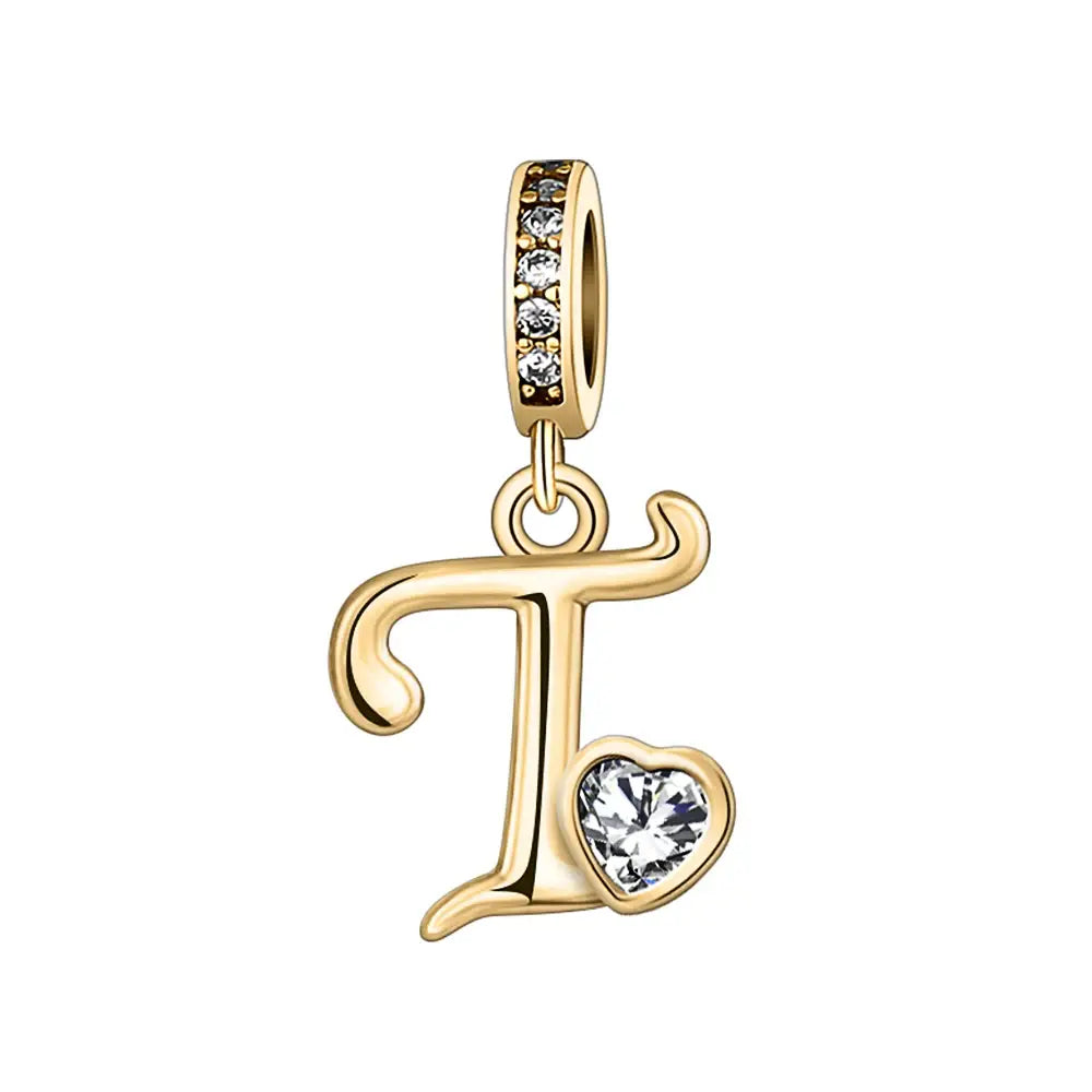 Gold T Letter Charm with pendant crystal Heart