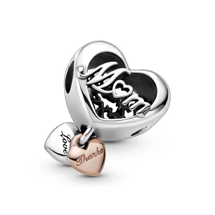 Mom thanks Heart Charm with Rose Gold Accents for Pandora