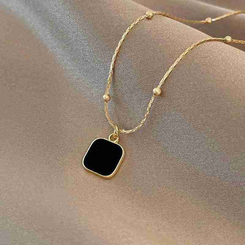Gold-Plated Black Onyx Square Pendant Necklace for Chic Style