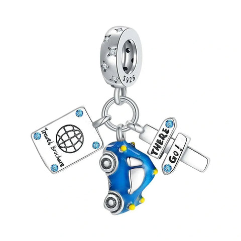 Travel Brochure Car and Stop Sign Triple Dangle Charm - Travel Brochure Car and Stop Sign Triple Dangle Charm