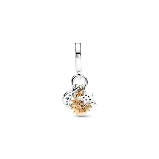 Two-Tone Celestial Triple Dangle Charm Pandora Shine - Celestial triple dangle charm in two-tone, adding cosmic beauty.