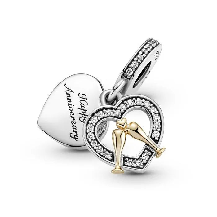 Two-Tone Happy Anniversary Dangle Charm - Beautiful two-tone charm, ideal for anniversary milestones.